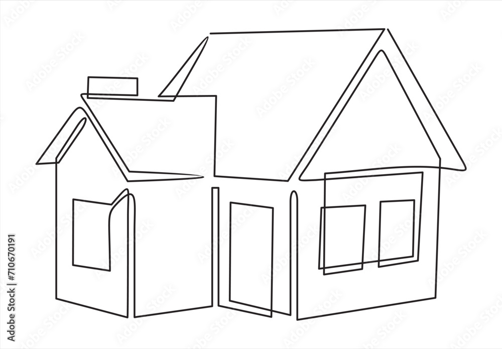 The house is drawn by one black line on a white background. Continuous ...