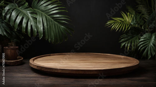 Empty round wooden table and tropical leaves on dark background. For product display. High quality photo  © anandart