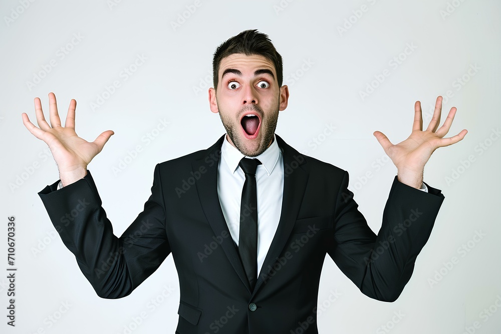 Excited business man wearing suit feeling shocked amazed isolated on white background. surprised businessman with wow face expression celebrating unbelievable success. generative AI Excited business man wearing suit feeling shocked amazed isolated on white background. surprised businessman with wow face expression celebrating unbelievable success. generative AI