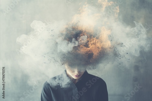 Young woman lost in a misty cloud, representing depression, addiction, and mental health