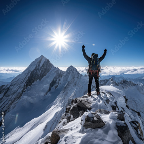 A man reaches on top of the mount, business and success concept © Ari