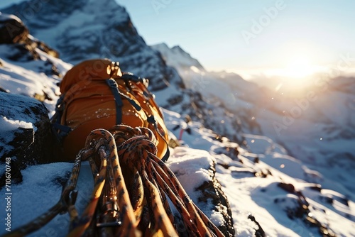 Summit Challenge: A Wide Low Angle First Person View of a Mountain Peak, Featuring Climbing Ropes and Gears, Selectively Focused on the Adrenaline-Fueled Adventure of Ascent.