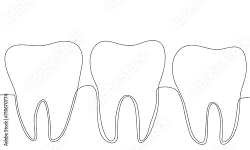 Tooth one line continuous line. Line art teeth outline, silhouette. Hand drawn vector art.