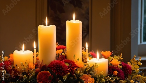 Candlelight Whispers Amongst Autumnal Floral Hues created with generative ai photo