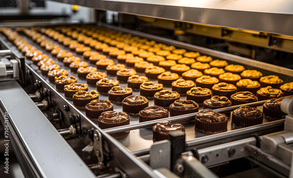 The chocolates are processed on a conveyor belt in the confectionery shop The chocolates are processed on a conveyor belt in the confectionery shop