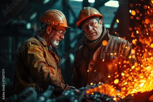 Technician and engineer working together at steel factory