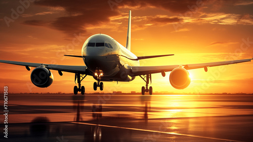 Plane against the background of the setting sun