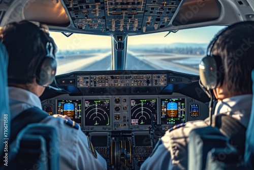 Close up of two pilots flying a commercial plane
