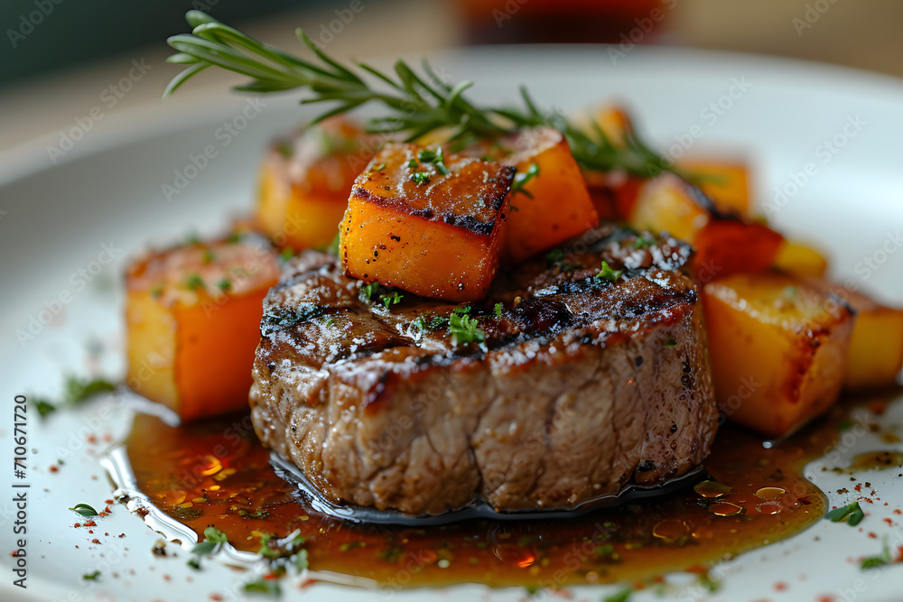Grilled steak garnished with herbs and spices, served with roasted butternut squash on a white plate. Grilled steak garnished with herbs and spices, served with roasted butternut squash on a white plate.