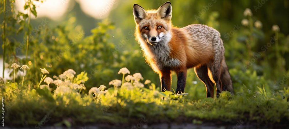 Fototapeta premium Majestic red fox surrounded by vibrant wildflowers in a serene meadow on a beautiful summer day.