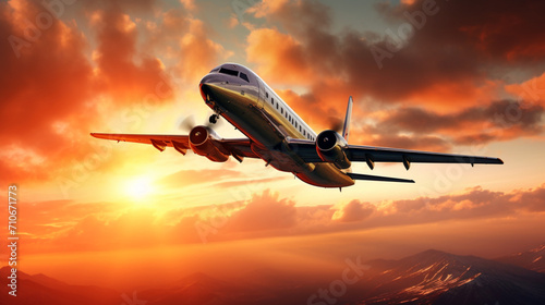 Plane against the background of the setting sun