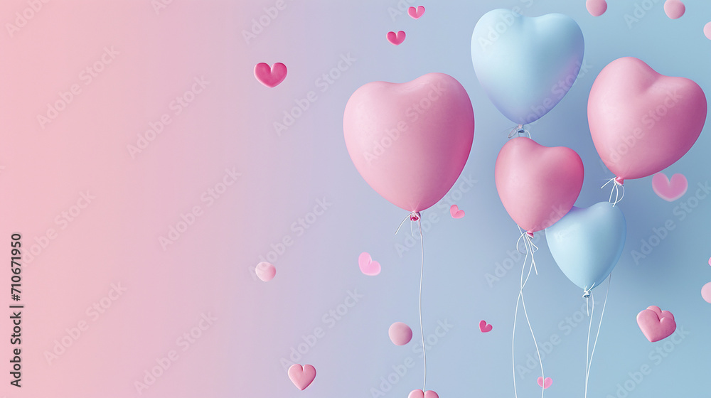 gradient white and pink background with heart shaped balloons, space for text, empty space, copy paste. postcard, design, flyer, poster, decor, banner, web, advertising