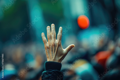 Raised hand with blurred crowd at outdoor concert