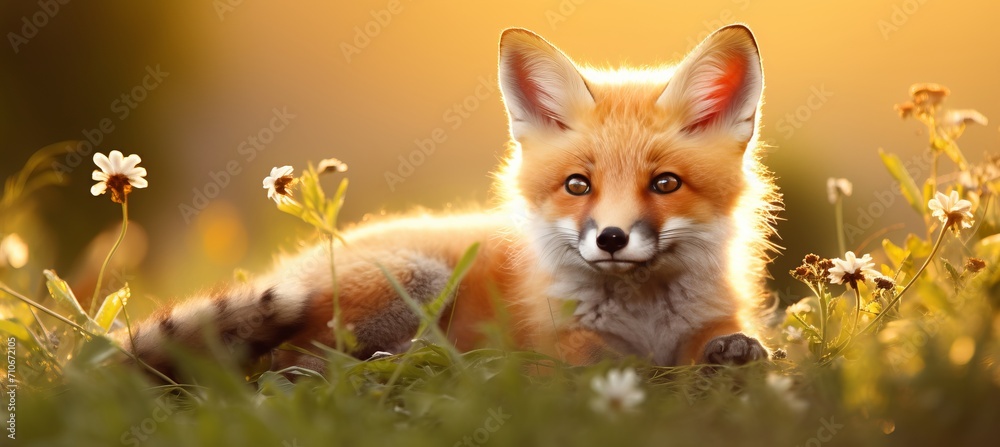 Obraz premium Gorgeous red fox confidently posing in the midst of a picturesque meadow on a glorious summer day.