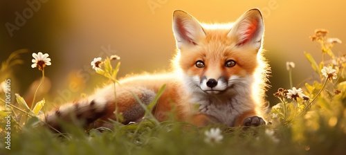 Gorgeous red fox confidently posing in the midst of a picturesque meadow on a glorious summer day.