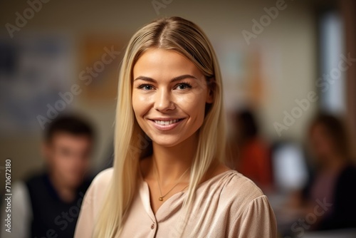 happy, student and teacher portrait of a woman in classroom for education, learning and training