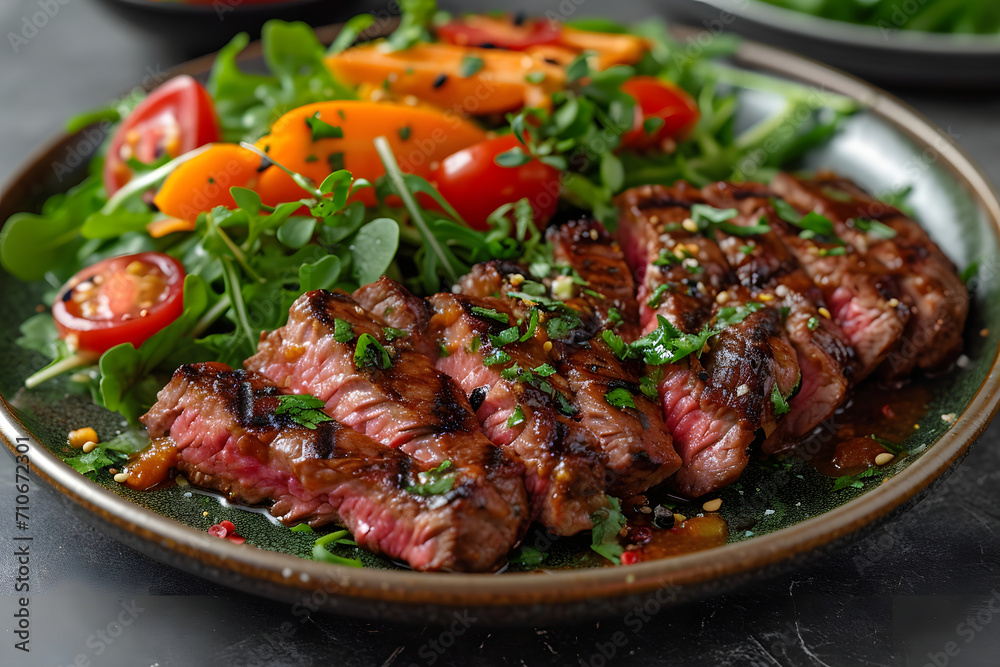 Grilled steak on arugula salad with tomatoes and peppers, sprinkled with sesame seeds. Grilled steak on arugula salad with tomatoes and peppers, sprinkled with sesame seeds.