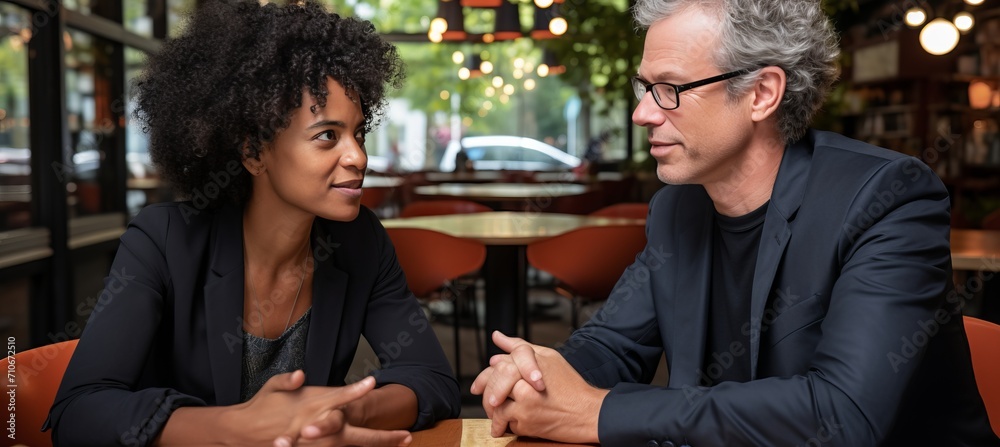 Mid aged male manager mentoring young female worker in bright office discussing corporate strategy Mid aged male manager mentoring young female worker in bright office discussing corporate strategy