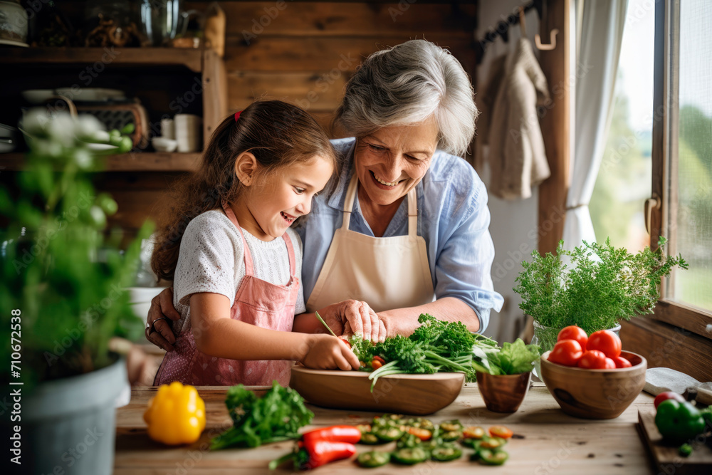 Generations in the Kitchen: A Grandmother and Child Preparing Together Fresh Salad in a Rustic Kitchen, Bonding with Love, Connection, and Culinary Tradition.