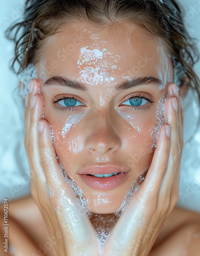 Mujer mediana edad de rasgos europeos, piel suave aterciopelada, blanca, ojos azule, fondo aguamarina, facciones sencillas piel sedosa, hidratación profunda, baño refrescante matutino, rutina Close up