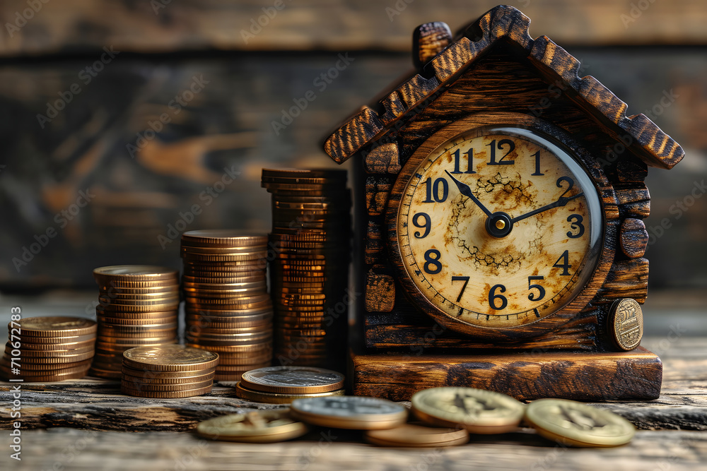 custom made wallpaper toronto digitalVintage clock house with stacked coins on a wooden background, symbolizing time and investment.