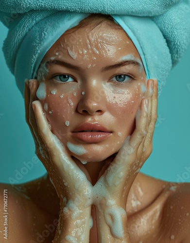 Mujer de mediana edad con toalla en la cabeza, cabello recogido, realiza tratamiento cuidado facial con gel exfoliante. fondo azul aguamarina, turquesa, piel radiante tersa, luminosa,  photo
