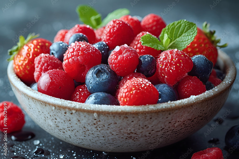 Fresh mixed berries with mint in a bowl on a dark background. Fresh mixed berries with mint in a bowl on a dark background.