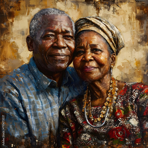 A colorful portrait of a mature couple in traditional African clothing, enjoying their vacation in Africa.