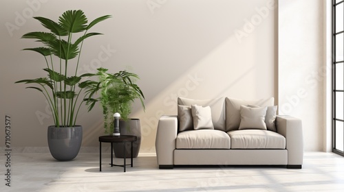Japandi style living room with grey armchair, beige loveseat sofa, and poster frames on white wall