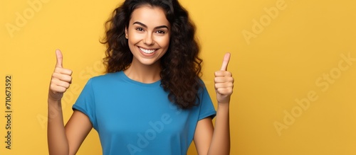 Portrait cheerful young woman model posing on vibrant color background. Generate AI image photo
