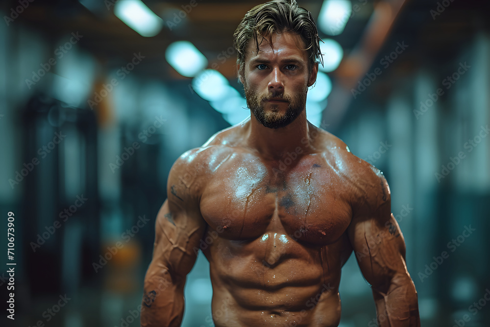 Muscled male athlete with intense gaze in a gym setting, showcasing fitness and determination. Muscled male athlete with intense gaze in a gym setting, showcasing fitness and determination.
