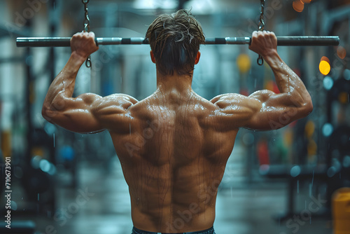 Muscular man doing pull-ups at a gym, showcasing strength and fitness with a blurred background.