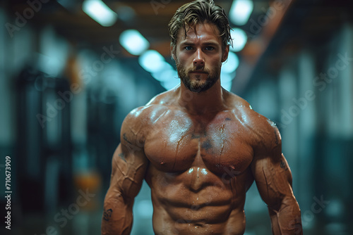 Muscled male athlete with intense gaze in a gym setting, showcasing fitness and determination.