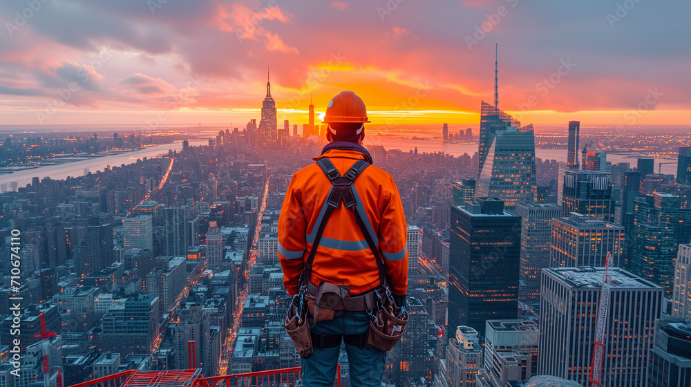 construction worker at work on building rooftops looking at sunset in New York City.