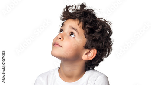 French Boy Looks Up Thoughtfully on a Transparent Background photo
