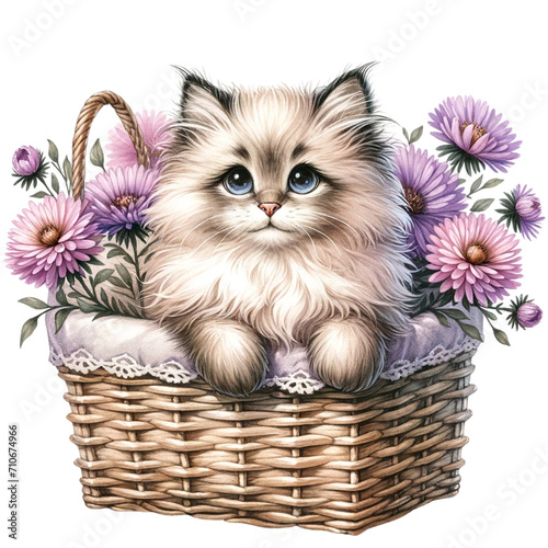 12 month flowers basket with cute cat © NatthyDesign