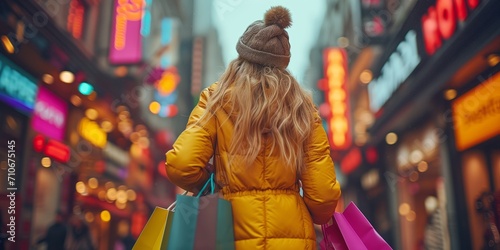 Young woman shopping in a vibrant city street with colorful bags