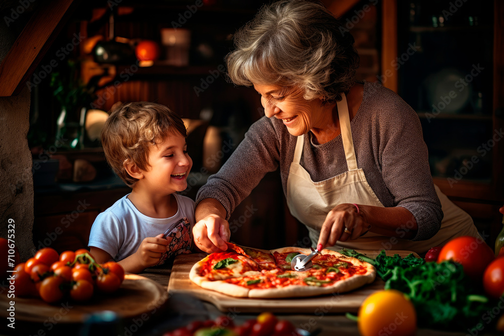 Generations in the Kitchen: A Heartwarming Scene of a Grandmother and Child Cooking Pizzas Together, Bonding Over Culinary Skills and Creating Delicious Homemade Memories.

