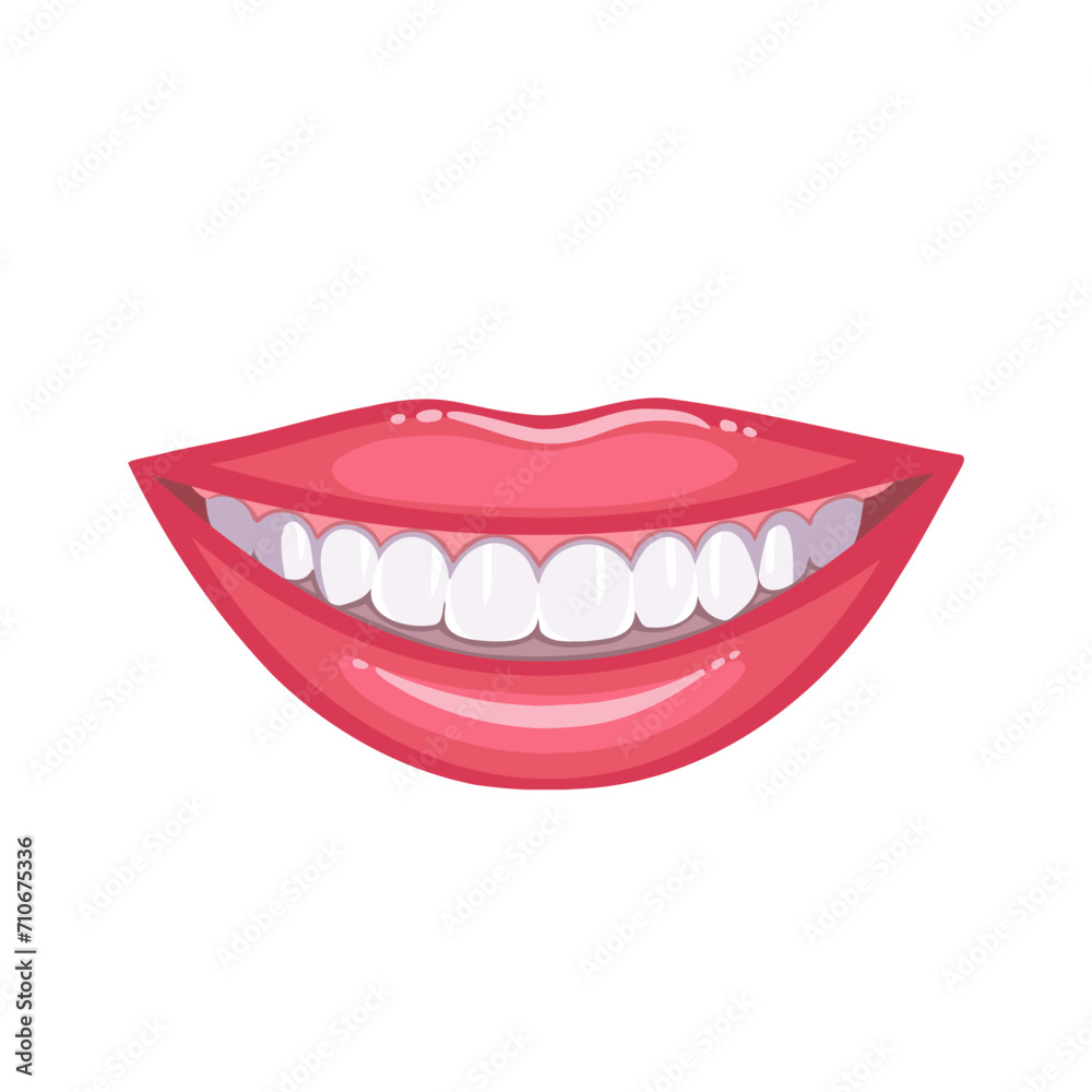 Naklejka premium beautiful wide female smile, white healthy teeth, red lipstick. Vector Illustration for background and packaging. Image can be used for greeting card, poster and sticker. Isolated on white background.