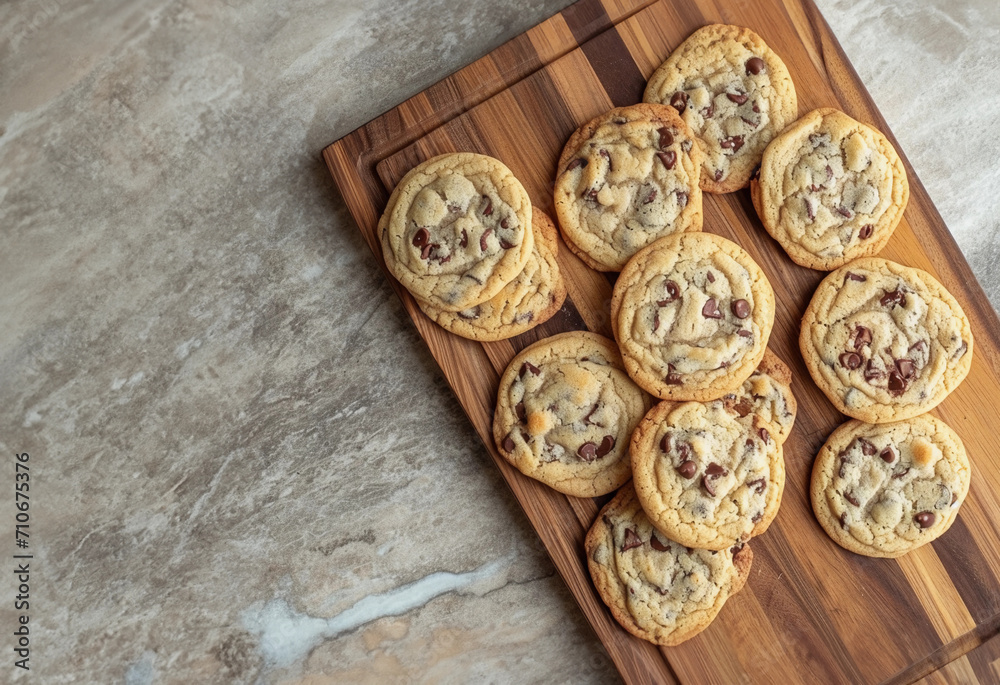 fresh baked chocolate chip chunk cookies on a cutting board on marble countertop, generated by ai