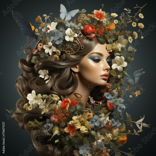 Beautiful girl on various flowers illustration Image of woman created by AI