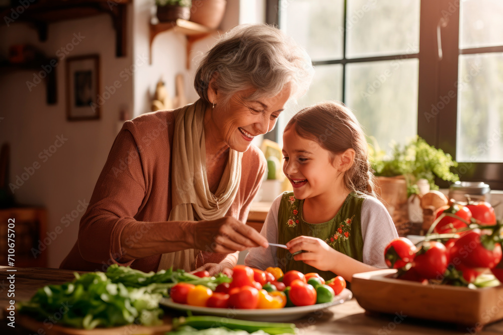 Generations in the Kitchen: A Grandmother and Child Cooking Together Spanish Tapas in a Rustic Kitchen, Bonding with Love, Connection, and Culinary Tradition.