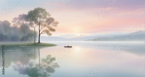 An image of a tranquil lakeside scene at dawn  with mist hovering over the water s surface and a palette of pastel colors painting the sky. - AI Generative - Generative AI