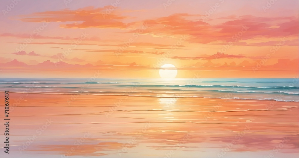 An image of a tranquil sunrise over the sea, with the sun painting the sky in shades of orange and pink, casting a golden glow on the calm waters and the sandy shore - Generative AI