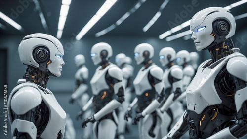 Rows of identical AI robots stand in formation at a meeting, receiving orders from a robot foreman in an orderly assembly. © Tekweni