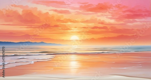 An image of a tranquil sunrise over the sea, with the sun painting the sky in shades of orange and pink, casting a golden glow on the calm waters and the sandy shore - Generative AI © Huzaifa