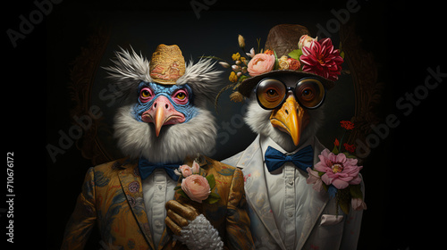 Bird Couple in nice dress like a wedding with dark background © Robert