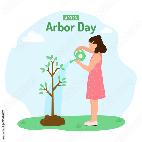 .Happy kid watering flowers in the pot with watering can Household chores and routine. Flat vector illustration.