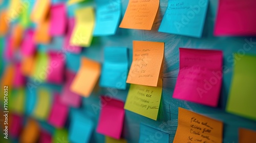 Sticky notes on a wall in the office, close-up