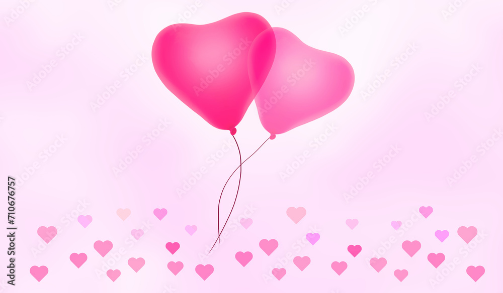 Valentine’s Day card, pink heart shaped balloons in pink clouds over many little hearts